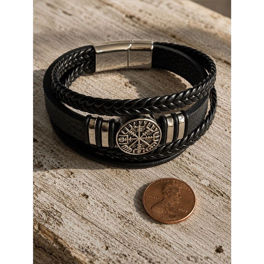 Vegvísir Compass Bracelet – Black Braided Vegan Leather - Picture 5 of 7